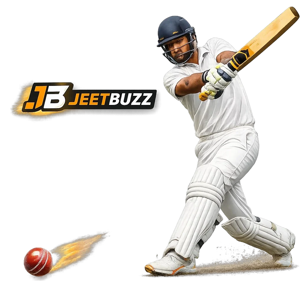 Cricket player hitting the ball with JeetBuzz logo, sports betting hero image Bangladesh