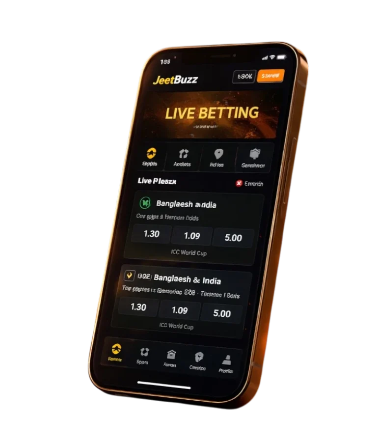 JeetBuzz app download Bangladesh with Android APK and iOS options, showing live betting interface and bKash Nagad payments
